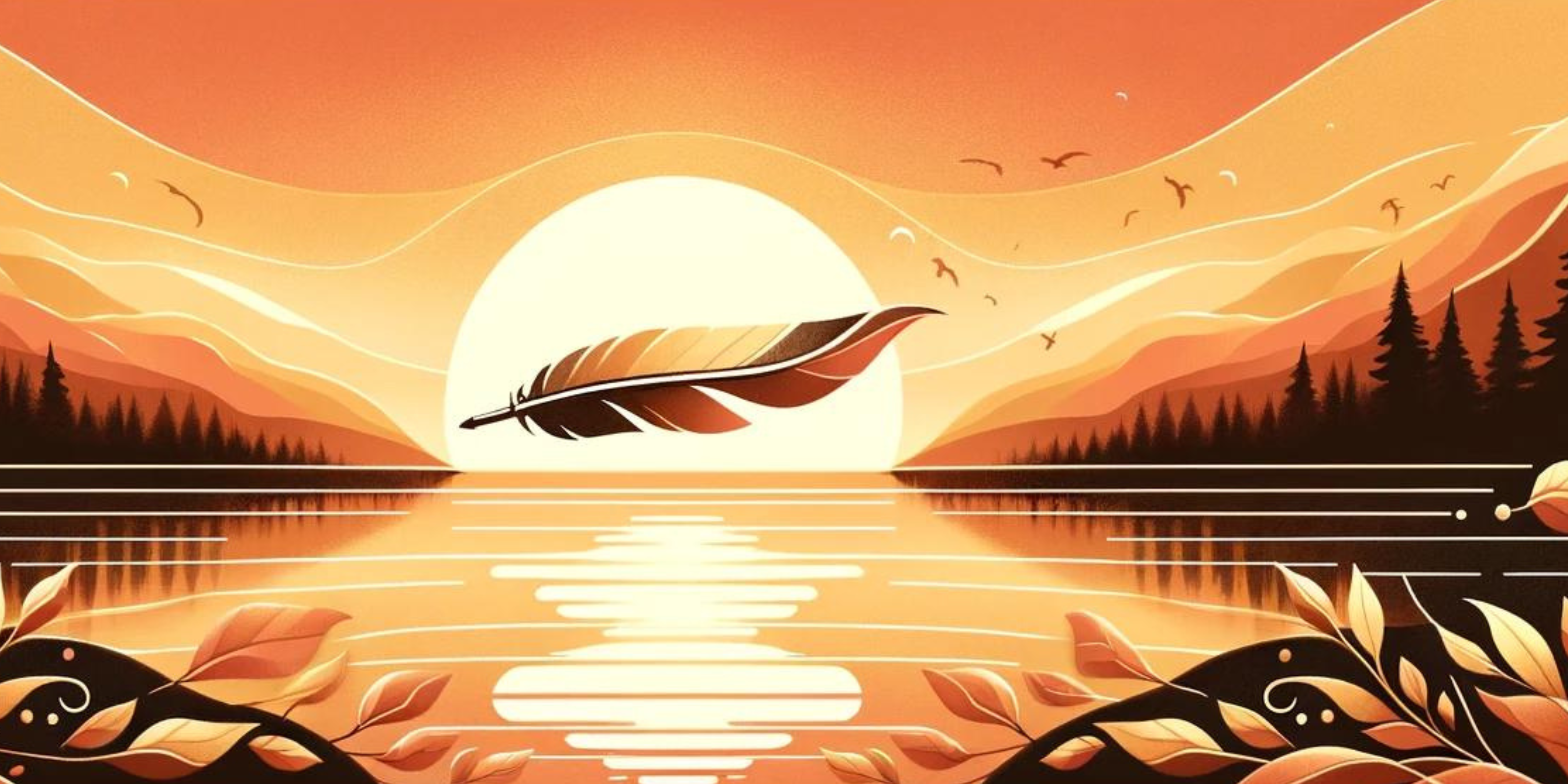 branded image header for main website page a quill on ins side in the sunset with a lake and leaves in a sunset palette colors for Belinda Sharland Home Page